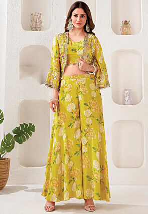 Digital Printed Crepe Crop Top Set in Light Green