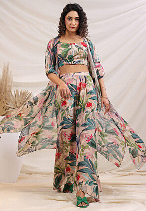 Digital Printed Crepe Crop Top Set in Multicolor