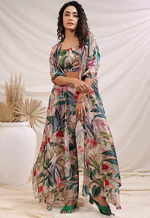 Digital Printed Crepe Crop Top Set in Multicolor