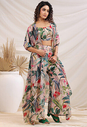 Digital Printed Crepe Crop Top Set in Multicolor