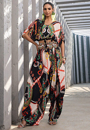 Digital Printed Crepe Crop Top Set in Multicolor
