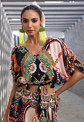 Digital Printed Crepe Crop Top Set in Multicolor