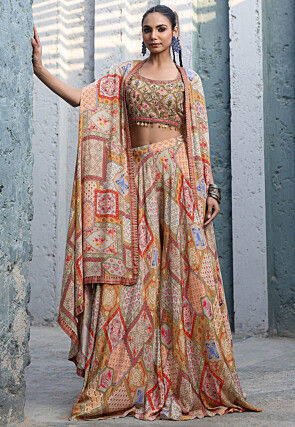 Digital Printed Crepe Crop Top Set in Multicolor