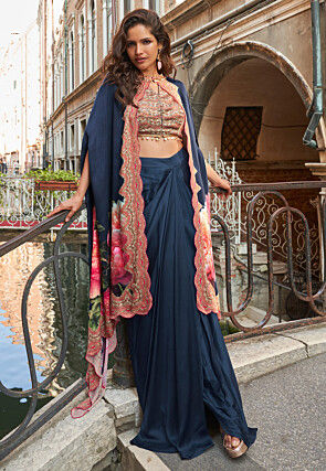 Digital Printed Crepe Crop Top Set in Navy Blue