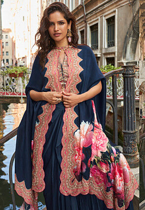 Digital Printed Crepe Crop Top Set in Navy Blue