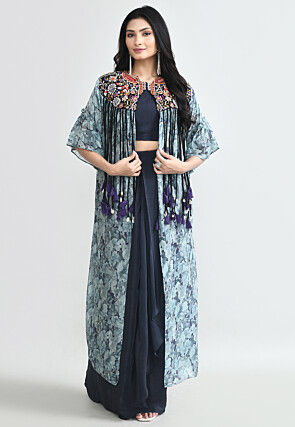 Digital Printed Crepe Crop Top Set in Navy Blue