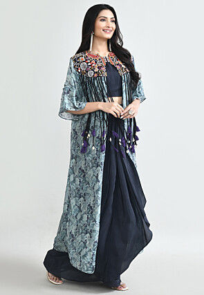 Digital Printed Crepe Crop Top Set in Navy Blue