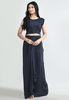 Digital Printed Crepe Crop Top Set in Navy Blue