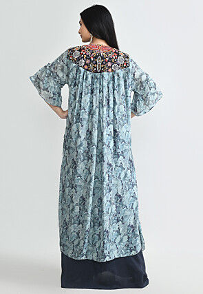 Digital Printed Crepe Crop Top Set in Navy Blue