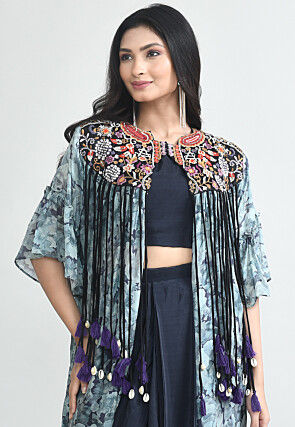 Digital Printed Crepe Crop Top Set in Navy Blue