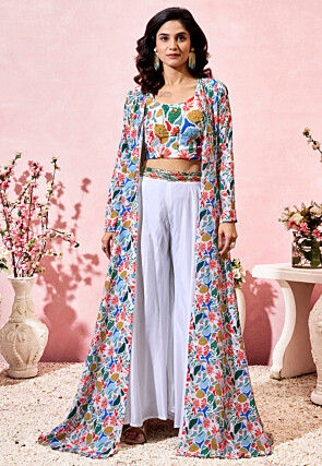 Digital Printed Crepe Crop Top Set in Off White
