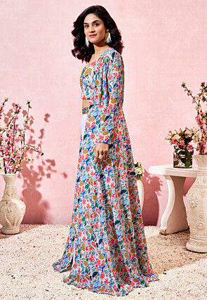 Digital Printed Crepe Crop Top Set in Off White