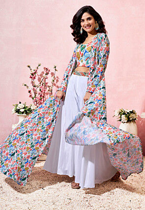 Digital Printed Crepe Crop Top Set in Off White