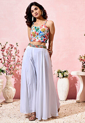 Digital Printed Crepe Crop Top Set in Off White