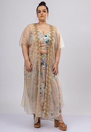 Digital Printed Crepe Crop Top Set in Peach