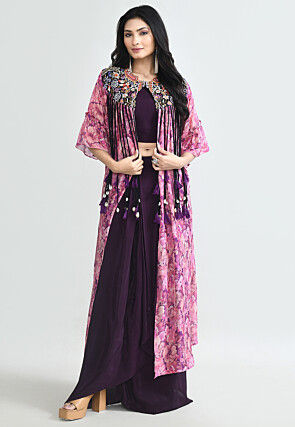 Digital Printed Crepe Crop Top Set in Wine