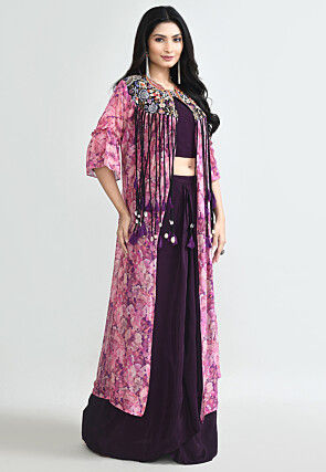 Digital Printed Crepe Crop Top Set in Wine