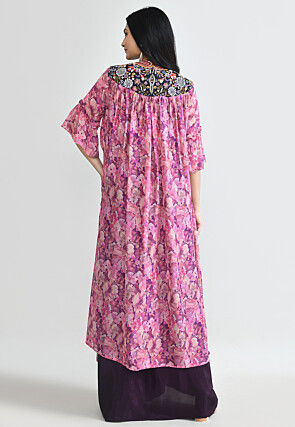 Digital Printed Crepe Crop Top Set in Wine