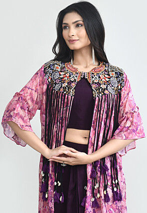 Digital Printed Crepe Crop Top Set in Wine