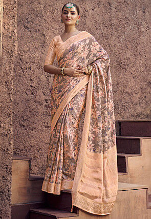 Digital Printed Crepe Crushed Saree in Grey