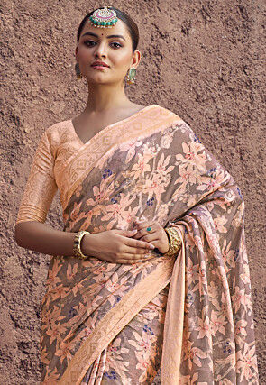 Digital Printed Crepe Crushed Saree in Grey