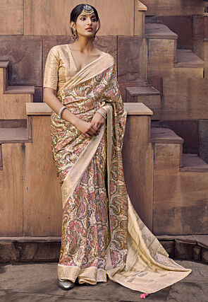 Digital Printed Crepe Crushed Saree in Light Beige