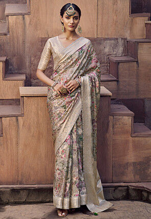 Digital Printed Crepe Crushed Saree in Light Grey
