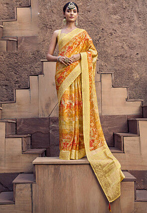 Digital Printed Crepe Crushed Saree in Mustard