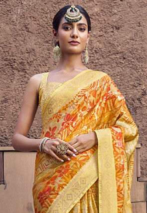 Digital Printed Crepe Crushed Saree in Mustard