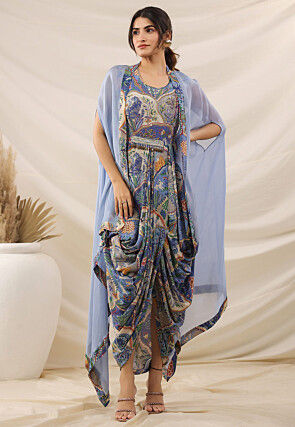 Digital Printed Crepe Drape Gown in Dusty Blue and Beige
