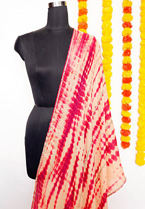 Digital Printed Crepe Dupatta in Beige and Peach