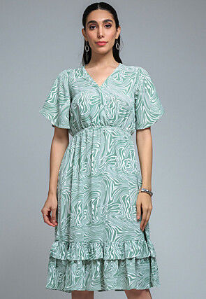 Digital Printed Crepe Fit N Flare Dress in Light Green