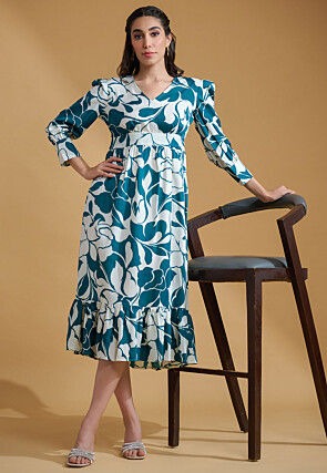 Digital Printed Crepe Fit N Flare Dress in White and Teal Blue