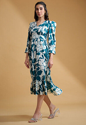 Digital Printed Crepe Fit N Flare Dress in White and Teal Blue