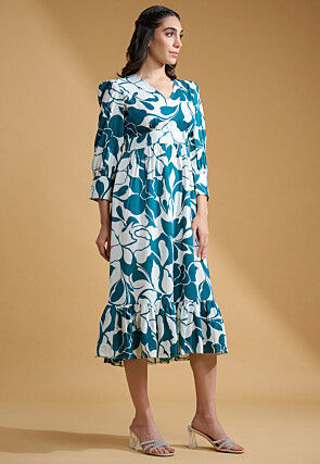 Digital Printed Crepe Fit N Flare Dress in White and Teal Blue