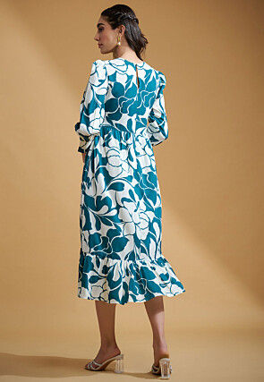 Digital Printed Crepe Fit N Flare Dress in White and Teal Blue