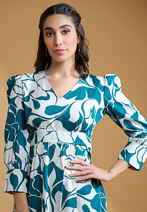 Digital Printed Crepe Fit N Flare Dress in White and Teal Blue