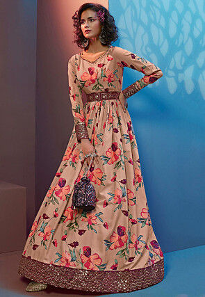 Buy Women Peach Floral Print Muslin Dress With Belt  Everyday Ethnic   Indya