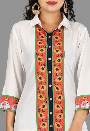 Digital Printed Crepe High Low Kurta in White