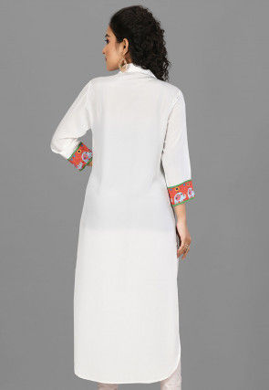 Digital Printed Crepe High Low Kurta in White