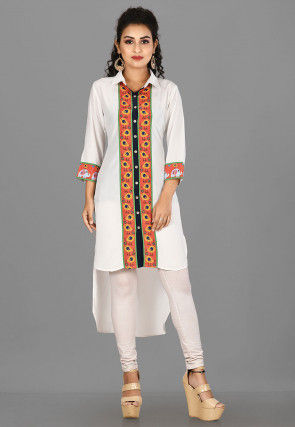 Digital Printed Crepe High Low Kurta in White