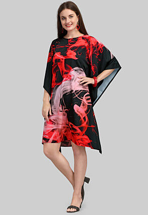 Digital Printed Crepe Kaftan Dress in Black