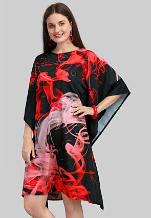 Digital Printed Crepe Kaftan Dress in Black