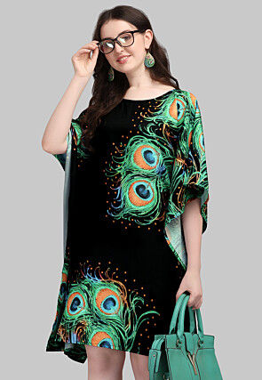 Digital Printed Crepe Kaftan Dress in Black