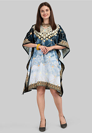 Digital Printed Crepe Kaftan Dress in Blue