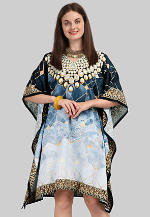 Digital Printed Crepe Kaftan Dress in Blue