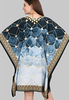 Digital Printed Crepe Kaftan Dress in Blue