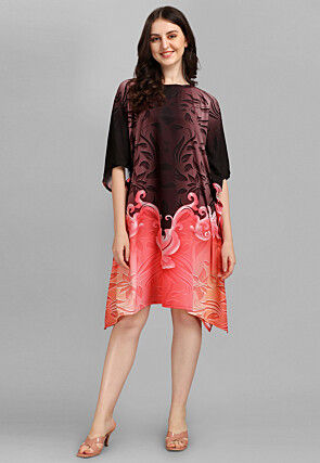 Digital Printed Crepe Kaftan Dress in Dark Brown