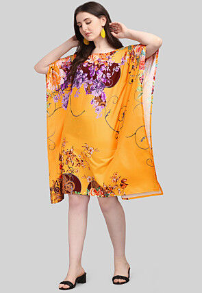 Digital Printed Crepe Kaftan Dress in Orange