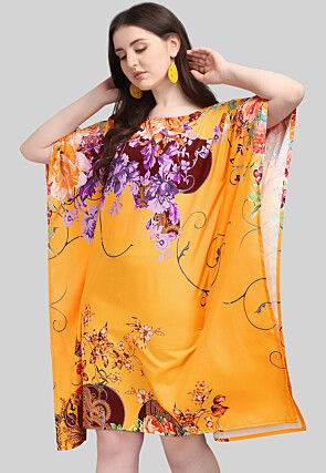 Digital Printed Crepe Kaftan Dress in Orange